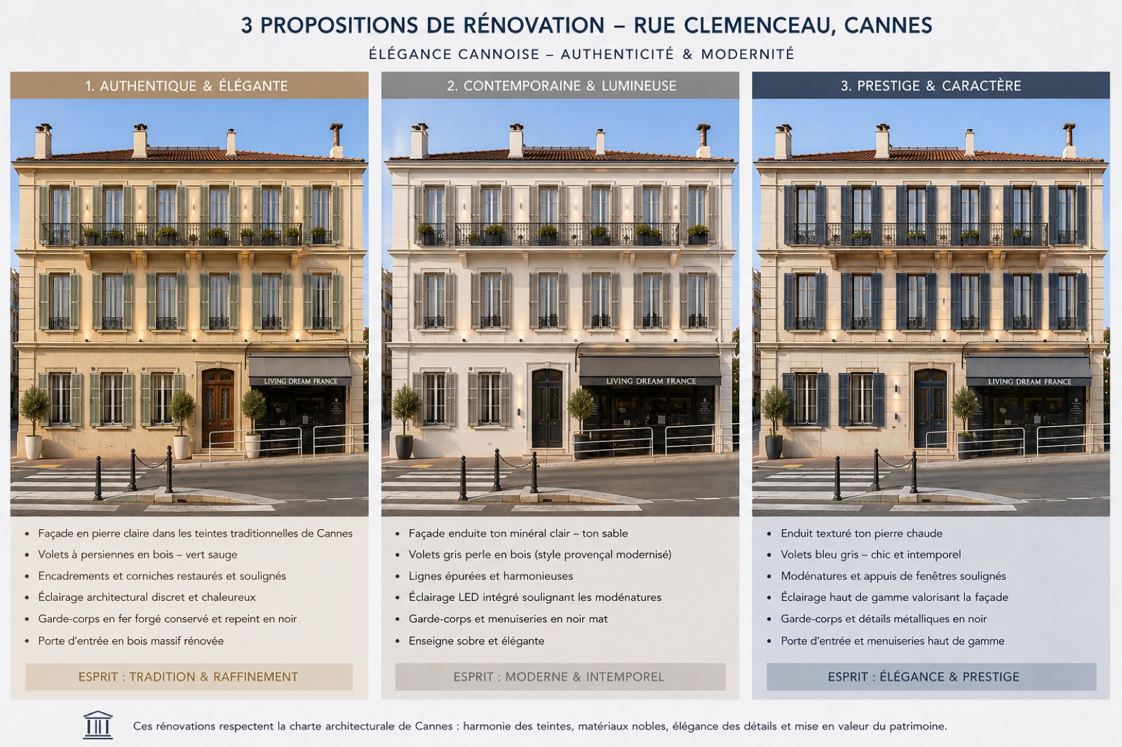 Trois propositions de rénovation de la façade — authentique, contemporaine, prestige