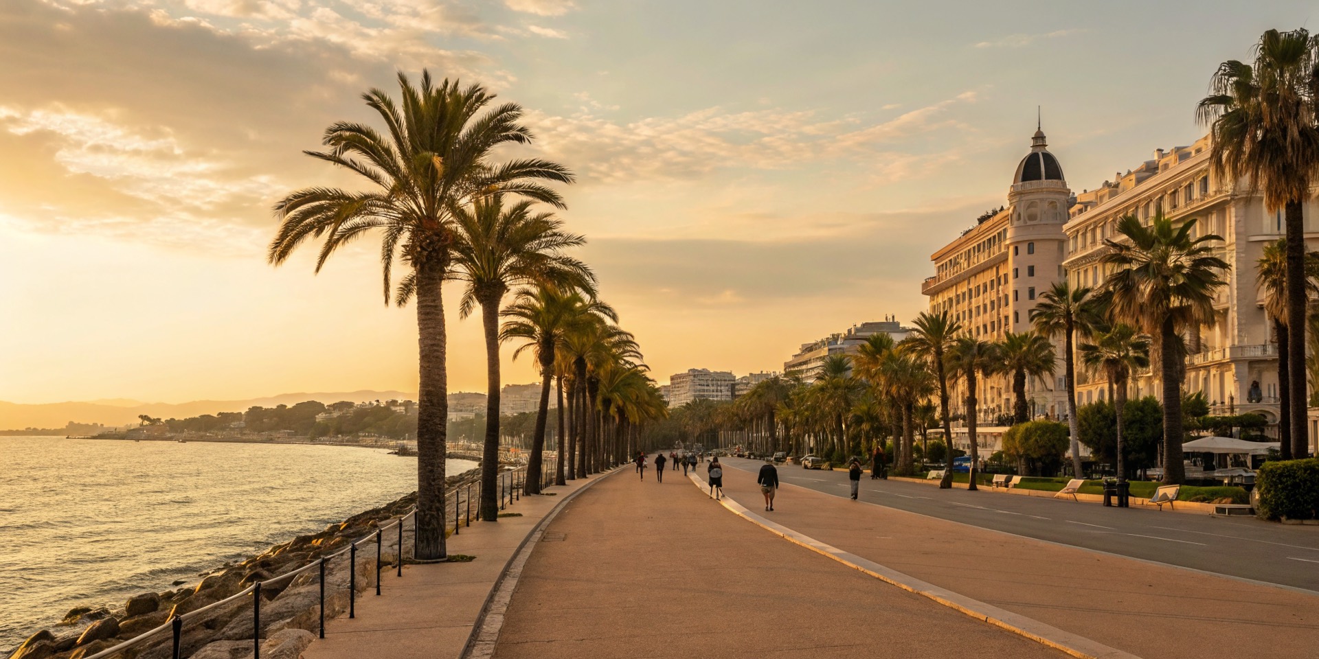 La Croisette à Cannes au coucher du soleil